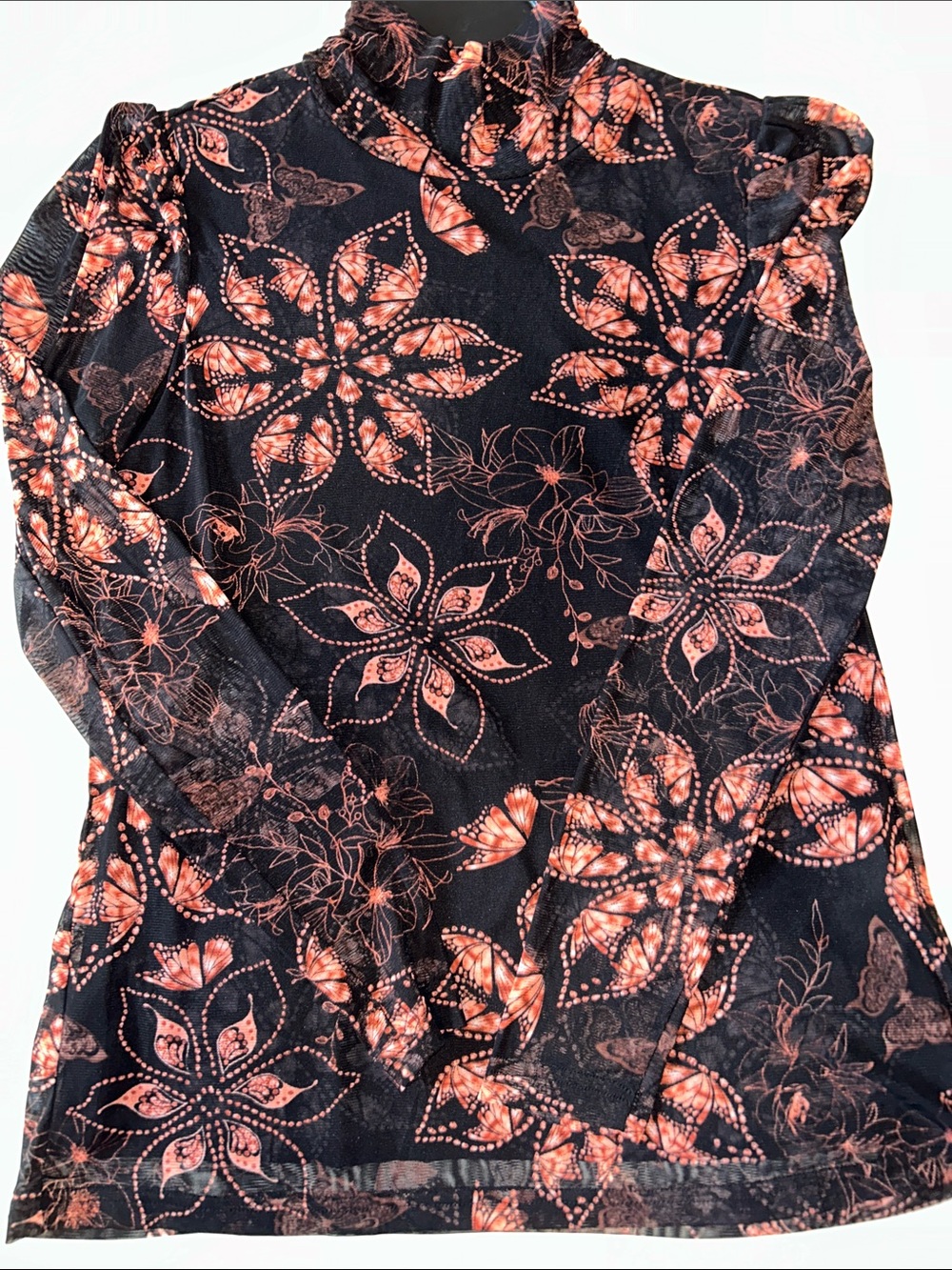 Jane and Delancey Black Long-Sleeve Top with Coral Floral Print - M